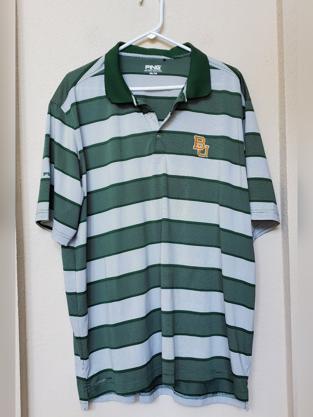 PING Men's Green and White Striped Polo with BU Logo. Size XXL